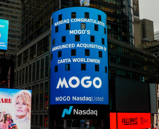Nasdaq Ad on side of building with MOGO logo on it